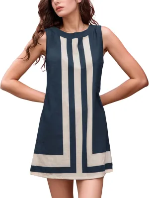 Daacee Womens Boho Color Block Mini Dress Casual Summer Flowy Sleeveless Striped Dresses Beach Tank Sundress Coverups