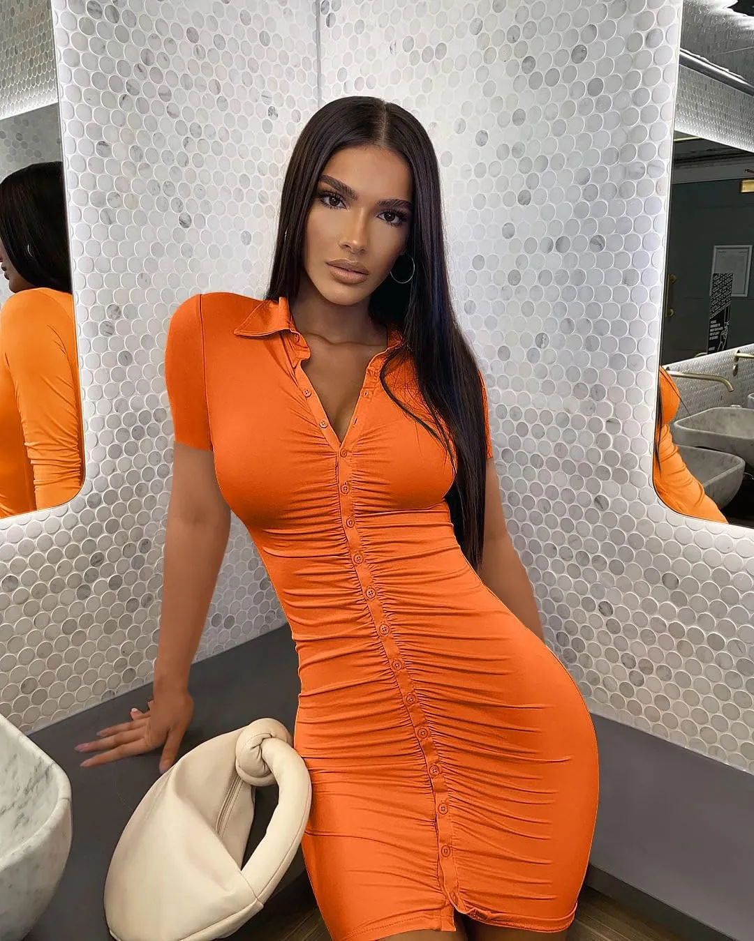 DAAWENXI Women's Sexy V Neck Ruched Button Down Clubwear Night Out Mini Club Dress