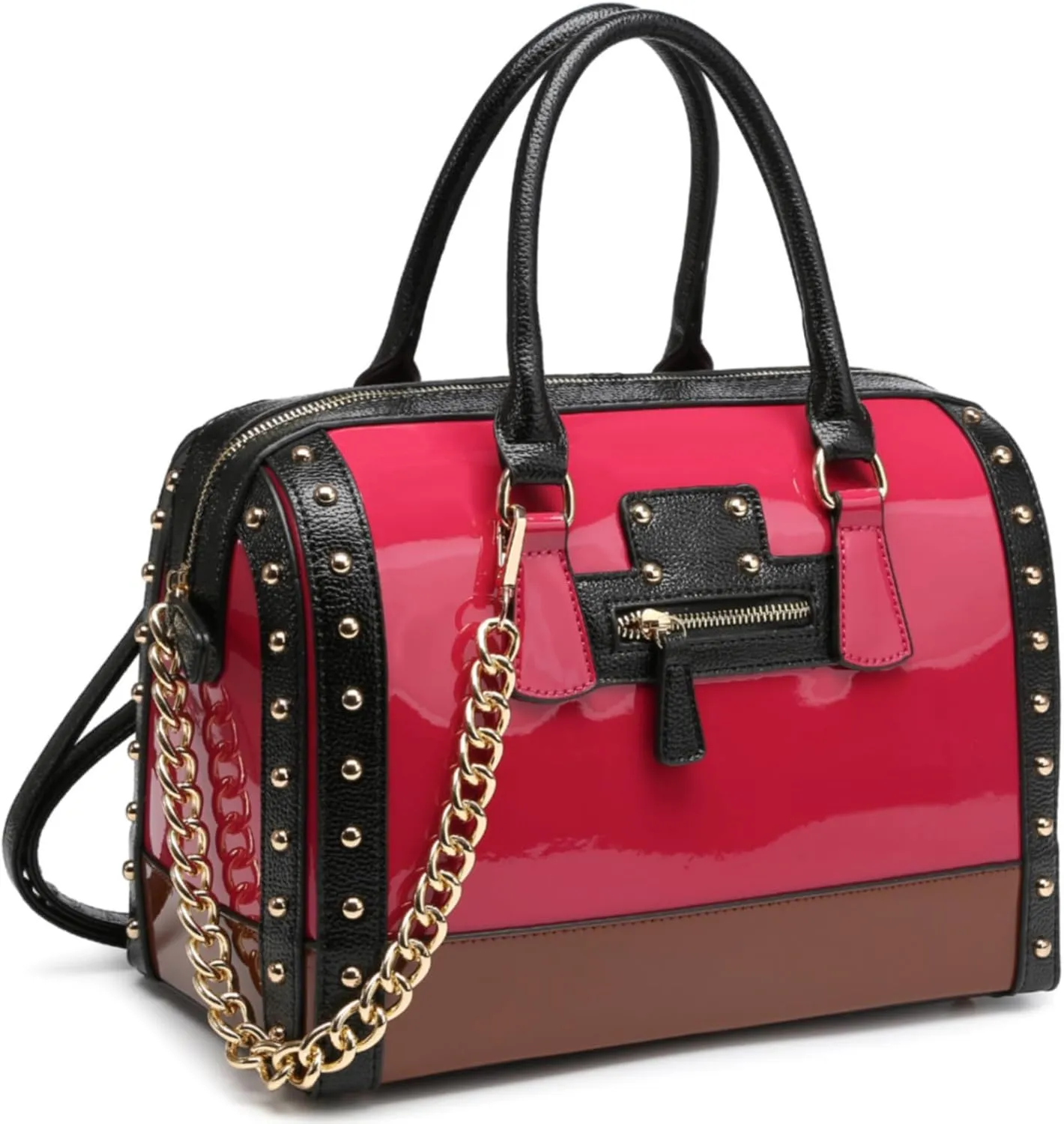Dasein Women's Barrel Bag Shiny Patent Faux Leather Handbag with Rivet Decoration Top Handle Satchel Shoulder Purse