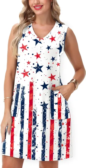 Deerose July 4th Sleeveless Dress American Flag Swim Cover Up Dress with Pockets