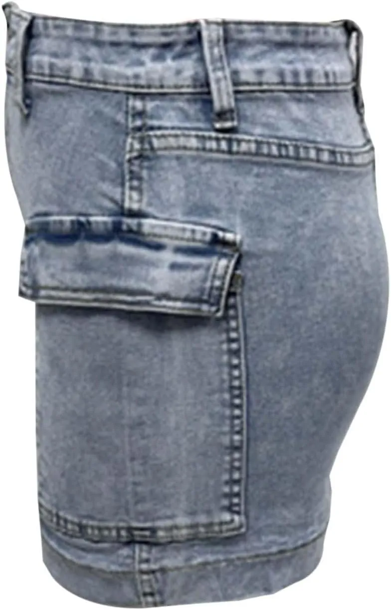Denim Cargo Skirt with Pocket for Women High Waisted Button Mini Skirt 2025 Trendy Slim Fit Distressed Bodycon Jean Skirts