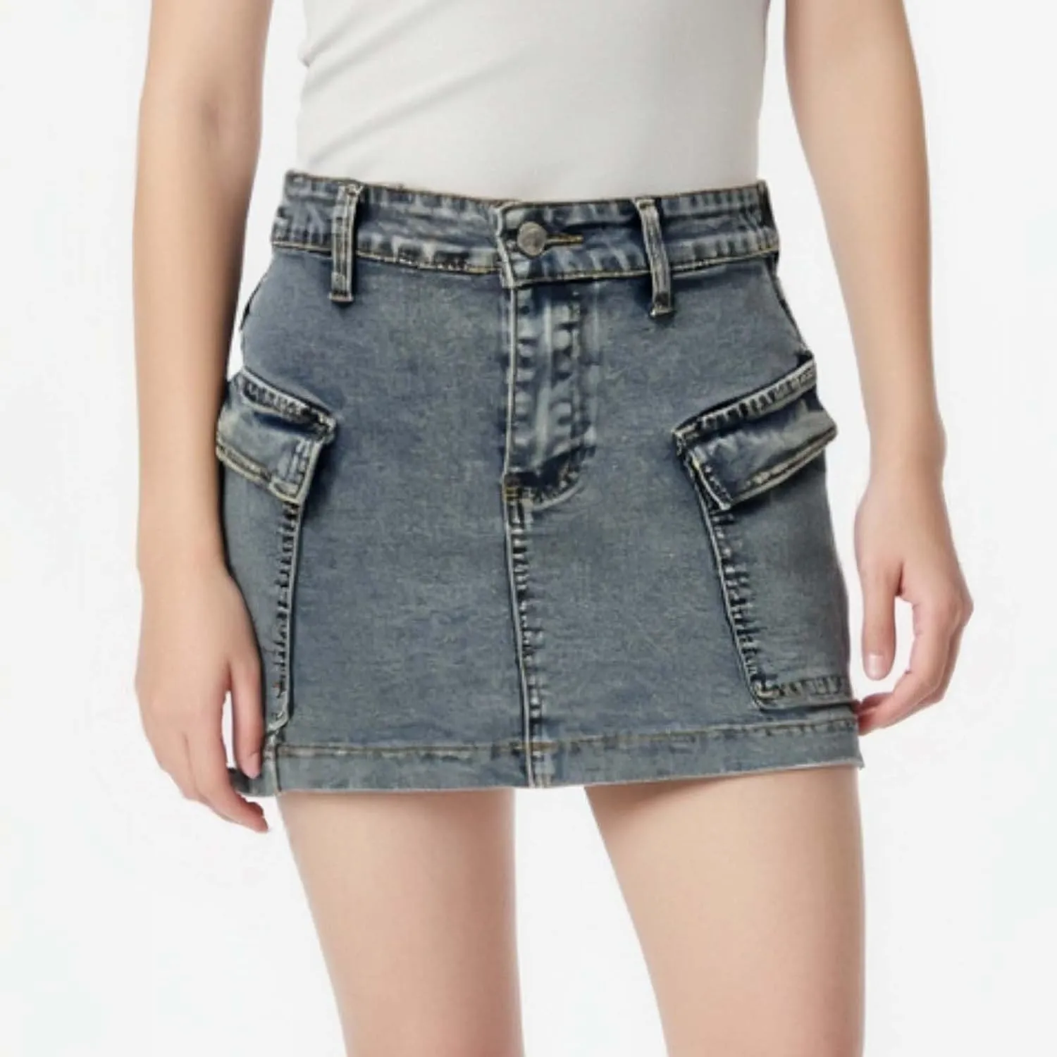 Denim Cargo Skirt with Pocket for Women High Waisted Button Mini Skirt 2025 Trendy Slim Fit Distressed Bodycon Jean Skirts