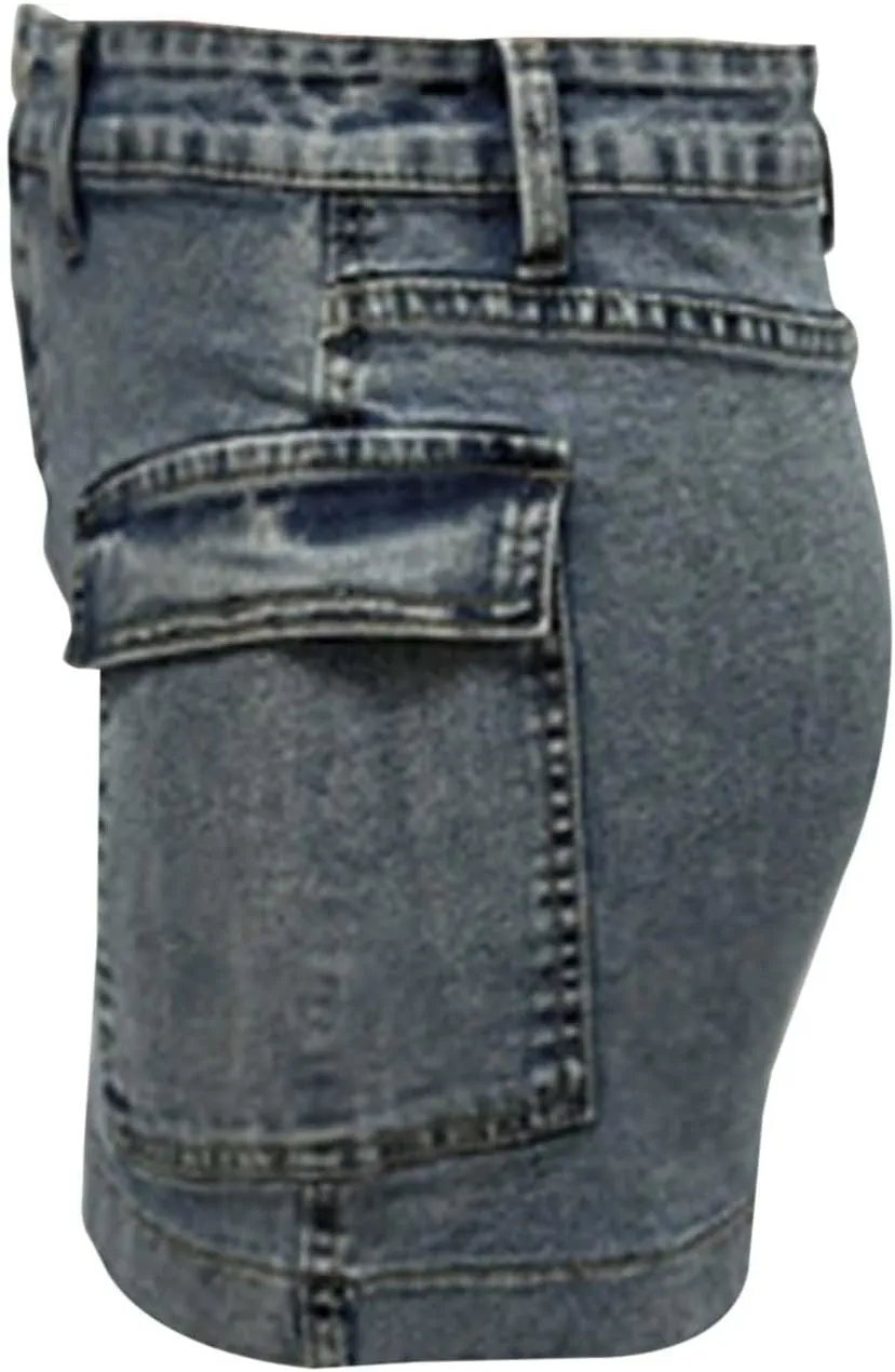 Denim Cargo Skirt with Pocket for Women High Waisted Button Mini Skirt 2025 Trendy Slim Fit Distressed Bodycon Jean Skirts