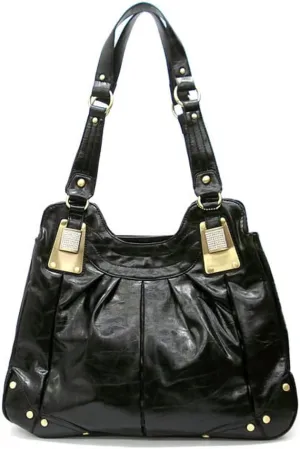 Designer Sima Black Metal Studs Pockets L Shoulder Satchel Bag Handbag Purse