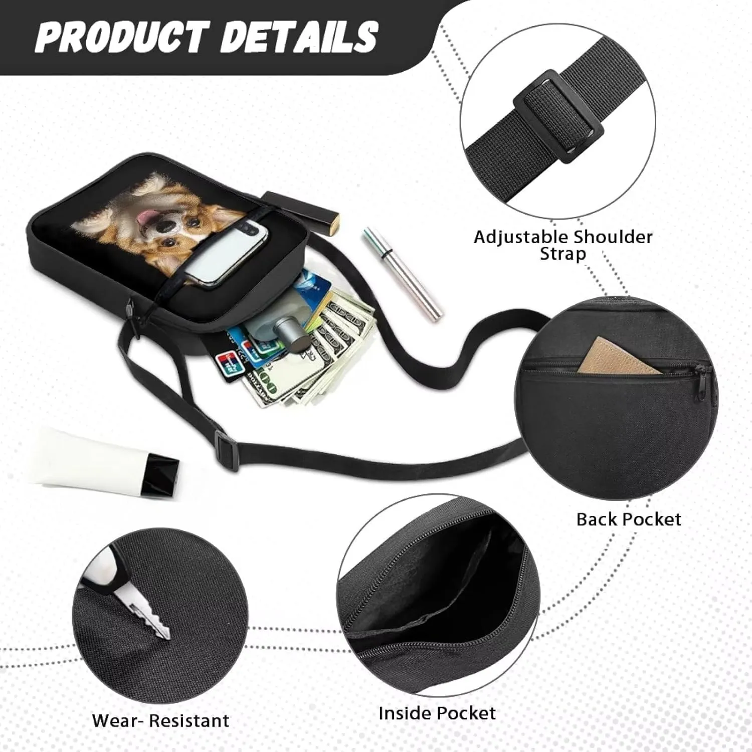 Dog Print Women's Crossbody Bags Waterproof Shoulder Bag Satchel Messenger Bags with Pockets