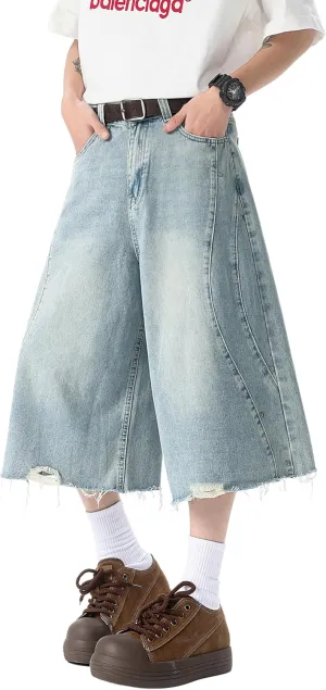 DOSLAVIDA Jean Shorts Men Baggy Jorts Casual Capri Denim Shorts Y2k Loose Long Jorts Vintage Fashion