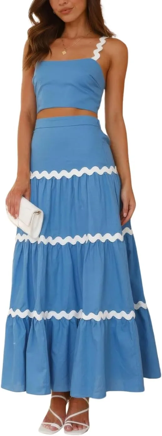 ebossy Women's Summer 2 Piece Dress Ricrac Smocked Cami Crop Top Boho Elastic Waist Tiered Flowy A-line Long Skirt Sets