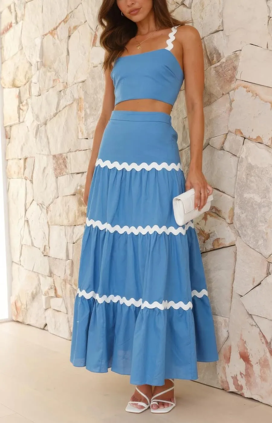 ebossy Women's Summer 2 Piece Dress Ricrac Smocked Cami Crop Top Boho Elastic Waist Tiered Flowy A-line Long Skirt Sets