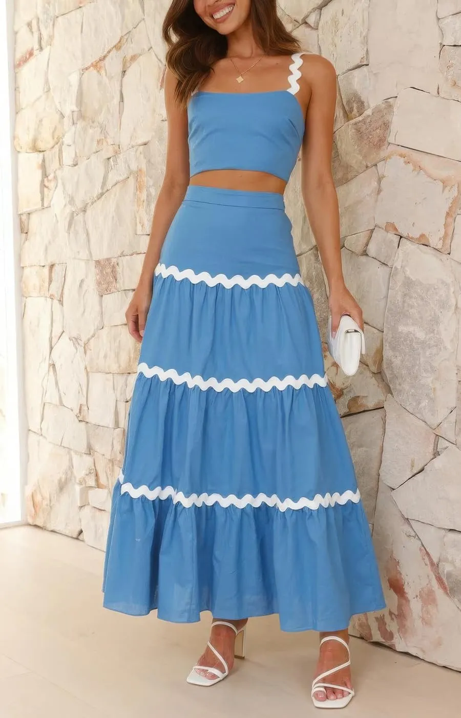 ebossy Women's Summer 2 Piece Dress Ricrac Smocked Cami Crop Top Boho Elastic Waist Tiered Flowy A-line Long Skirt Sets