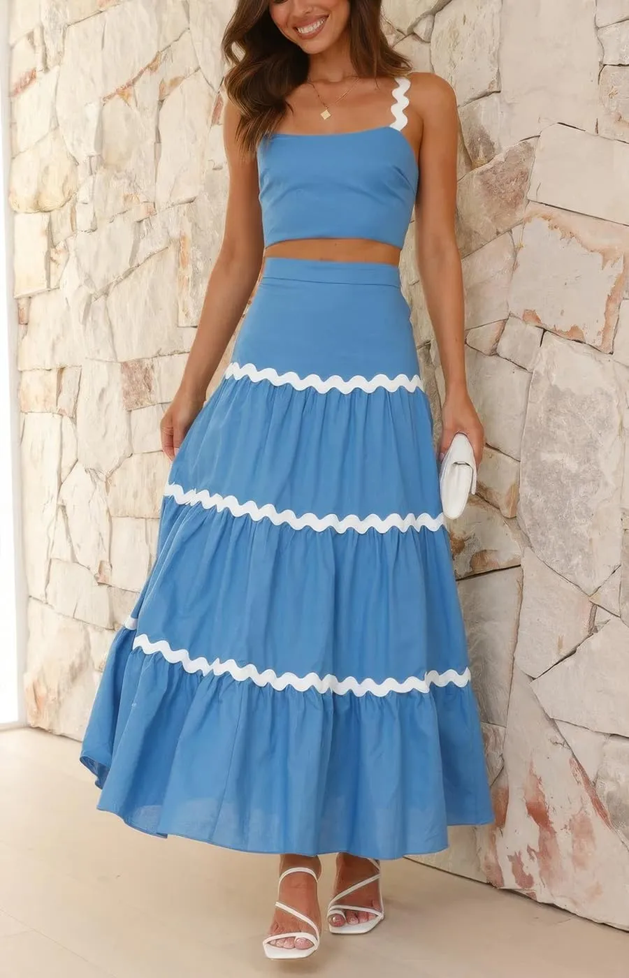 ebossy Women's Summer 2 Piece Dress Ricrac Smocked Cami Crop Top Boho Elastic Waist Tiered Flowy A-line Long Skirt Sets