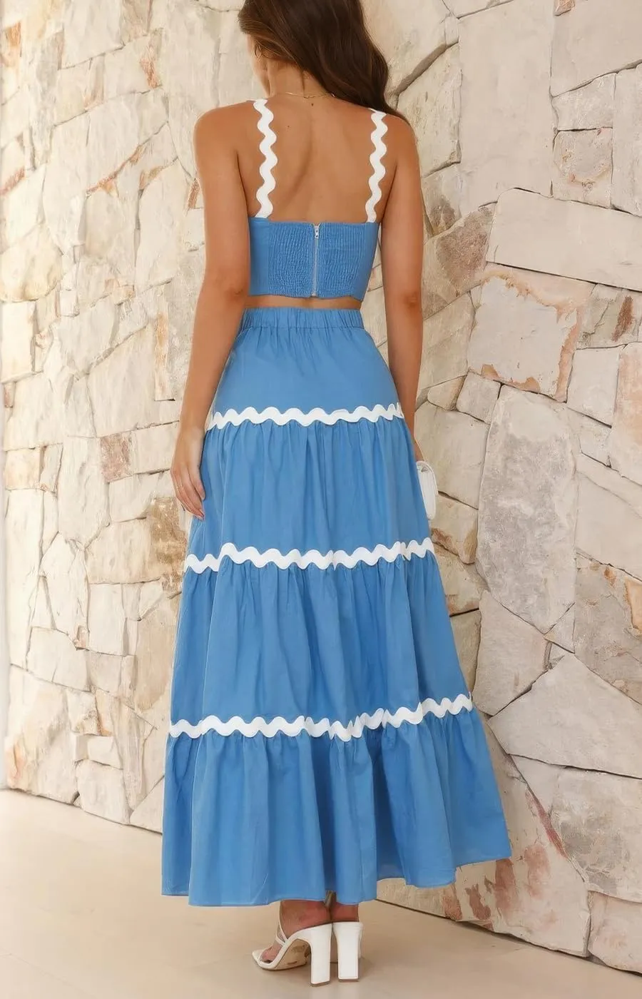 ebossy Women's Summer 2 Piece Dress Ricrac Smocked Cami Crop Top Boho Elastic Waist Tiered Flowy A-line Long Skirt Sets