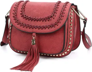 FAUX LEATHER SADDLE SHOULDER BAG WITH TASSEL
