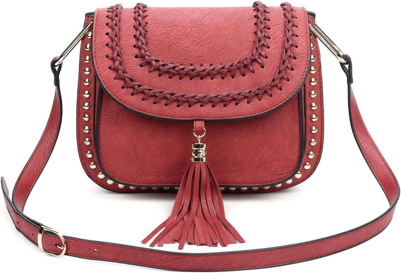 FAUX LEATHER SADDLE SHOULDER BAG WITH TASSEL