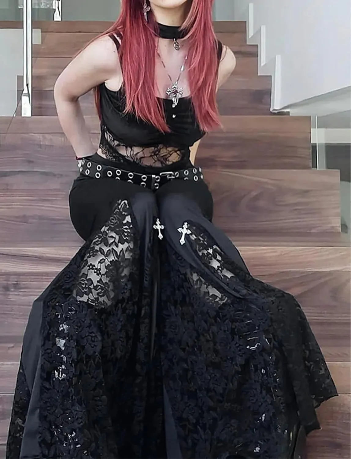 FEOYA Goth Flare Pants Punk Gothic Clothes for Women Lace Velvet Bell Bottom Leggings Black High Waist Emo Trousers