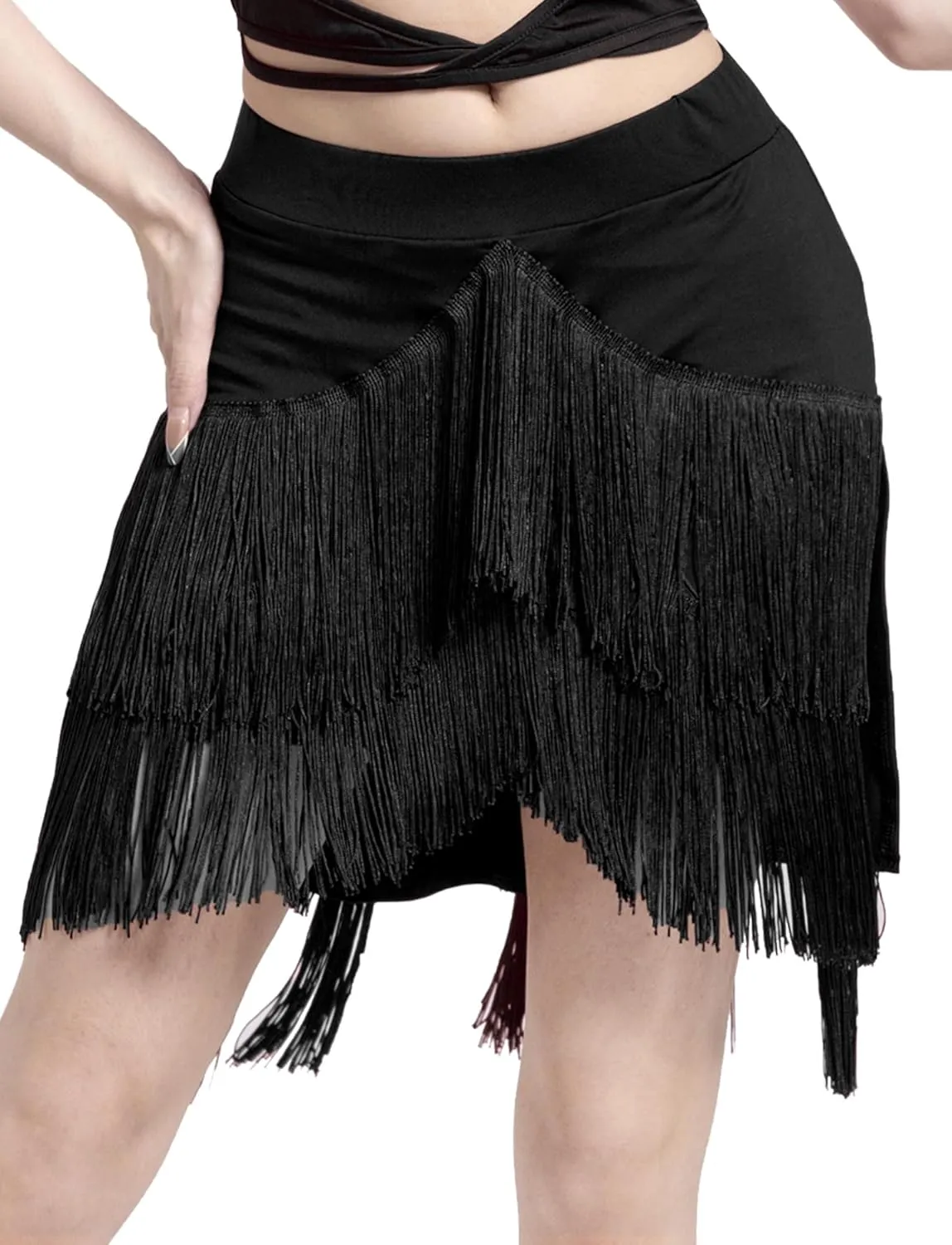 FEOYA Women's Fringe Skirt Ballroom Tassel Mini Skirts Elastic Waist Latin Tango Dance Performance Skirts with Shorts