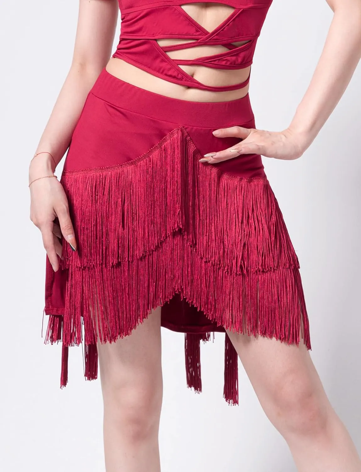 FEOYA Women's Fringe Skirt Ballroom Tassel Mini Skirts Elastic Waist Latin Tango Dance Performance Skirts with Shorts