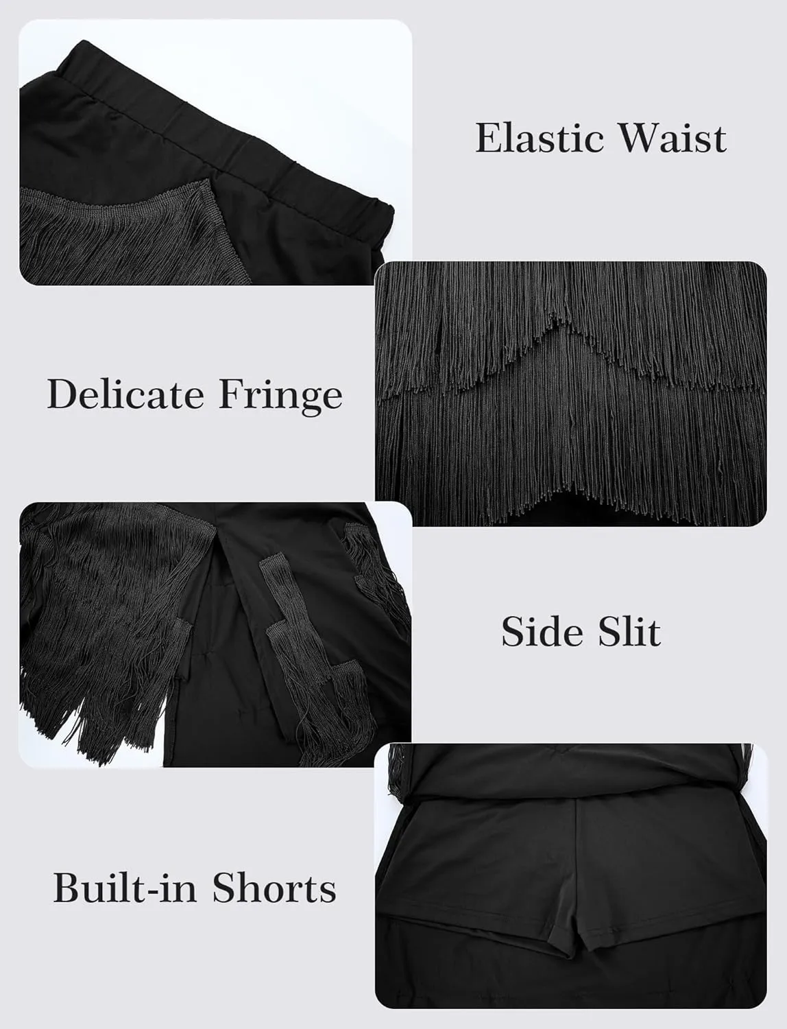 FEOYA Women's Fringe Skirt Ballroom Tassel Mini Skirts Elastic Waist Latin Tango Dance Performance Skirts with Shorts