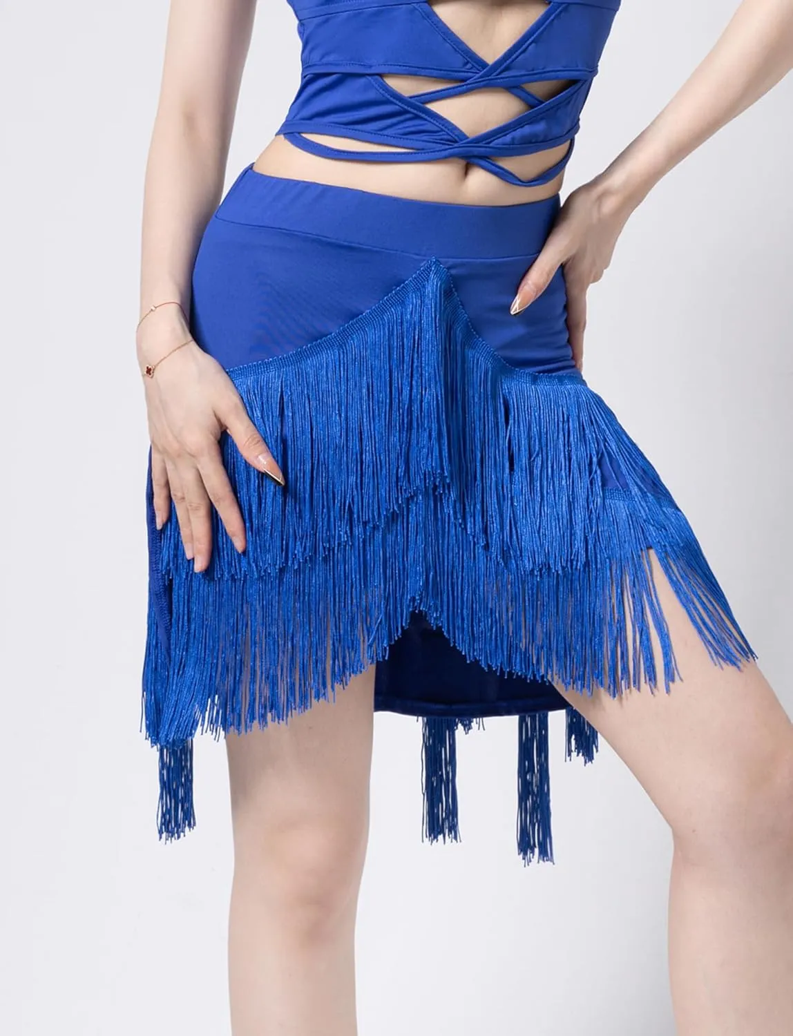 FEOYA Women's Fringe Skirt Ballroom Tassel Mini Skirts Elastic Waist Latin Tango Dance Performance Skirts with Shorts