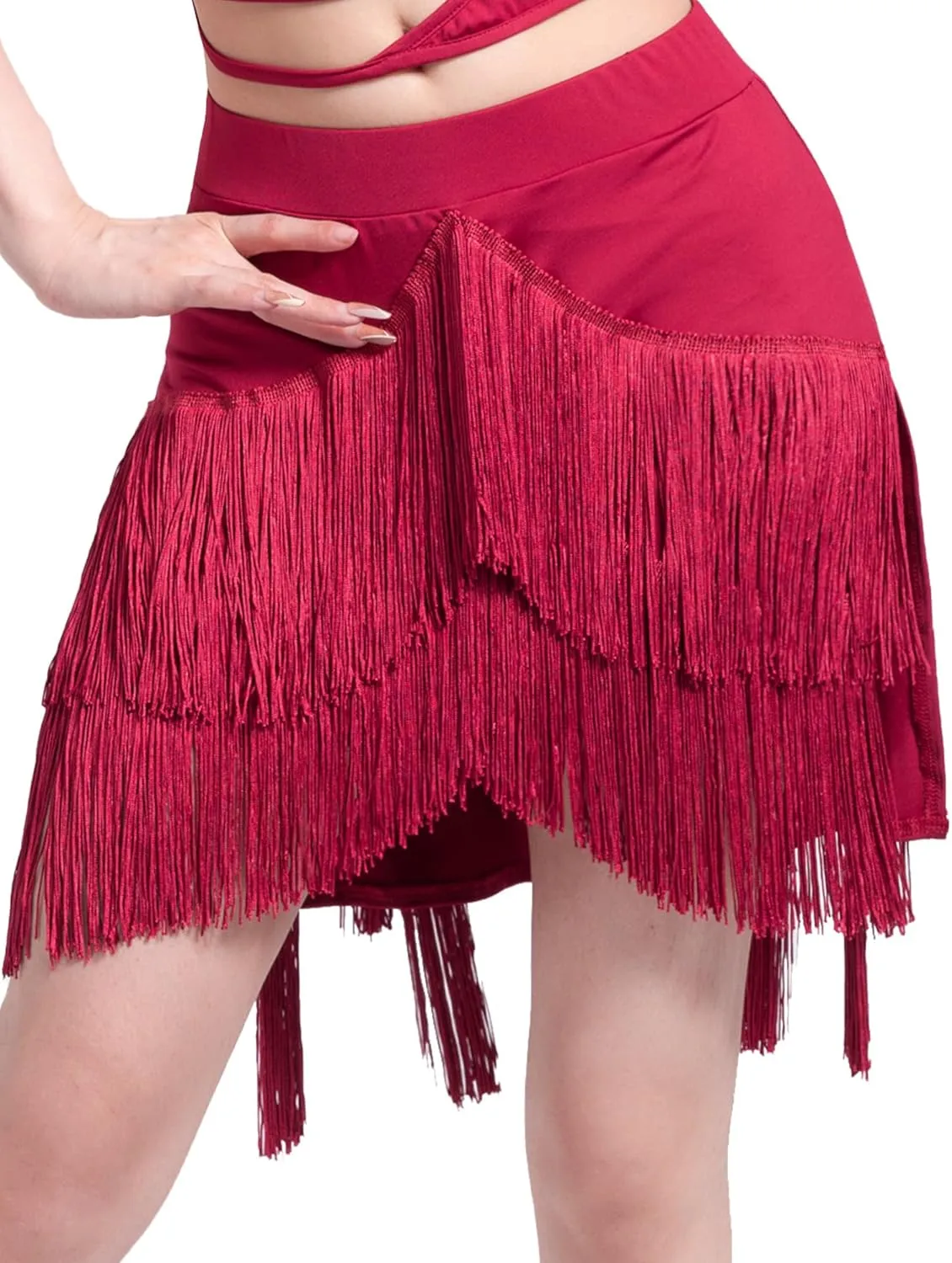 FEOYA Women's Fringe Skirt Ballroom Tassel Mini Skirts Elastic Waist Latin Tango Dance Performance Skirts with Shorts