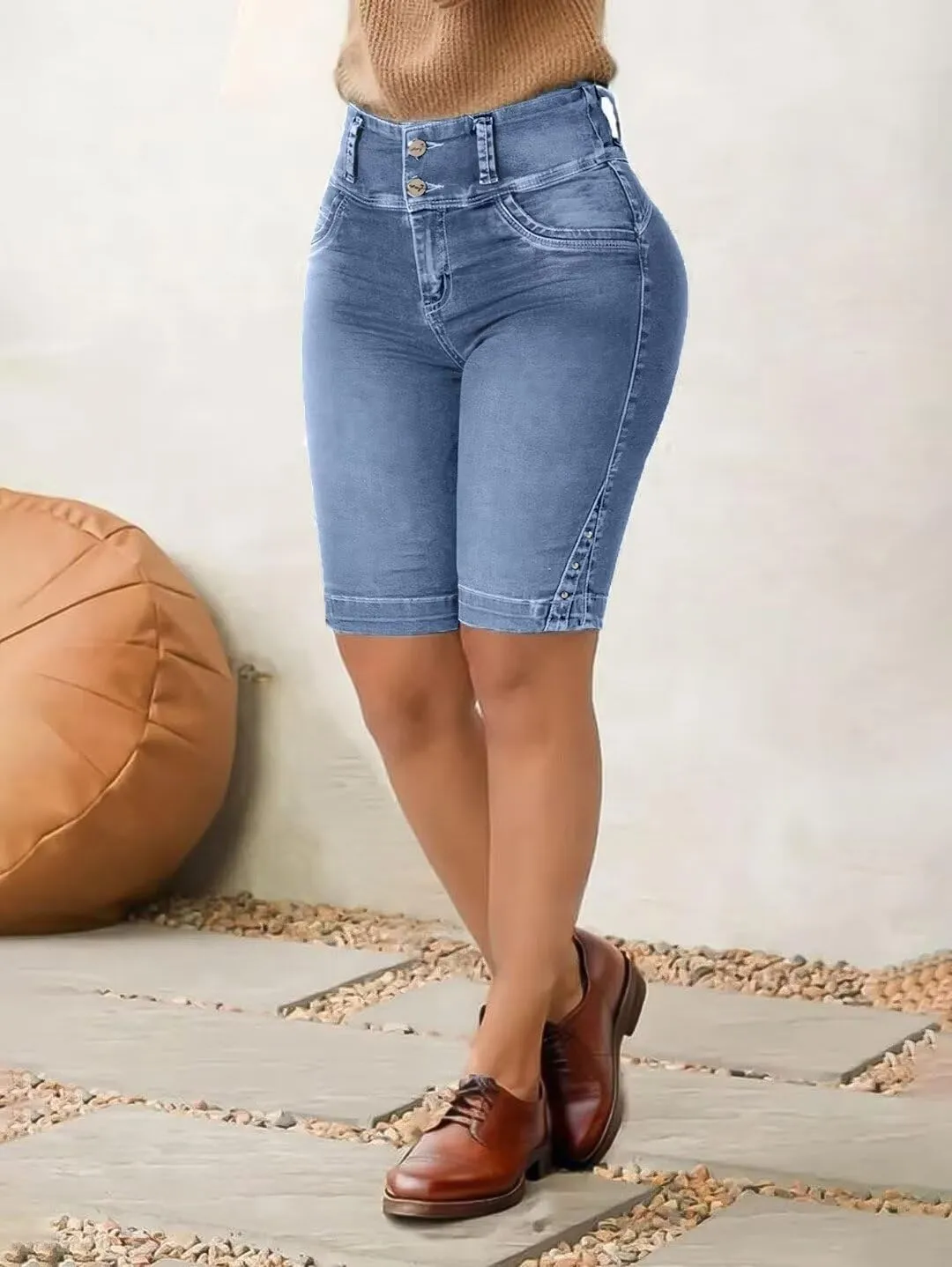 Flamingals Jean Shorts for Women - High Waist Bermuda Denim Shorts With Tummy Control