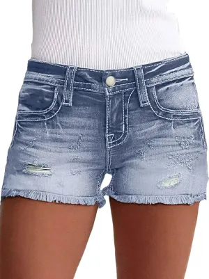 Flamingals Jean Shorts for Women Mid Waisted Stretchy Ripped Denim Shorts Raw Hem Curvy Summer Trendy