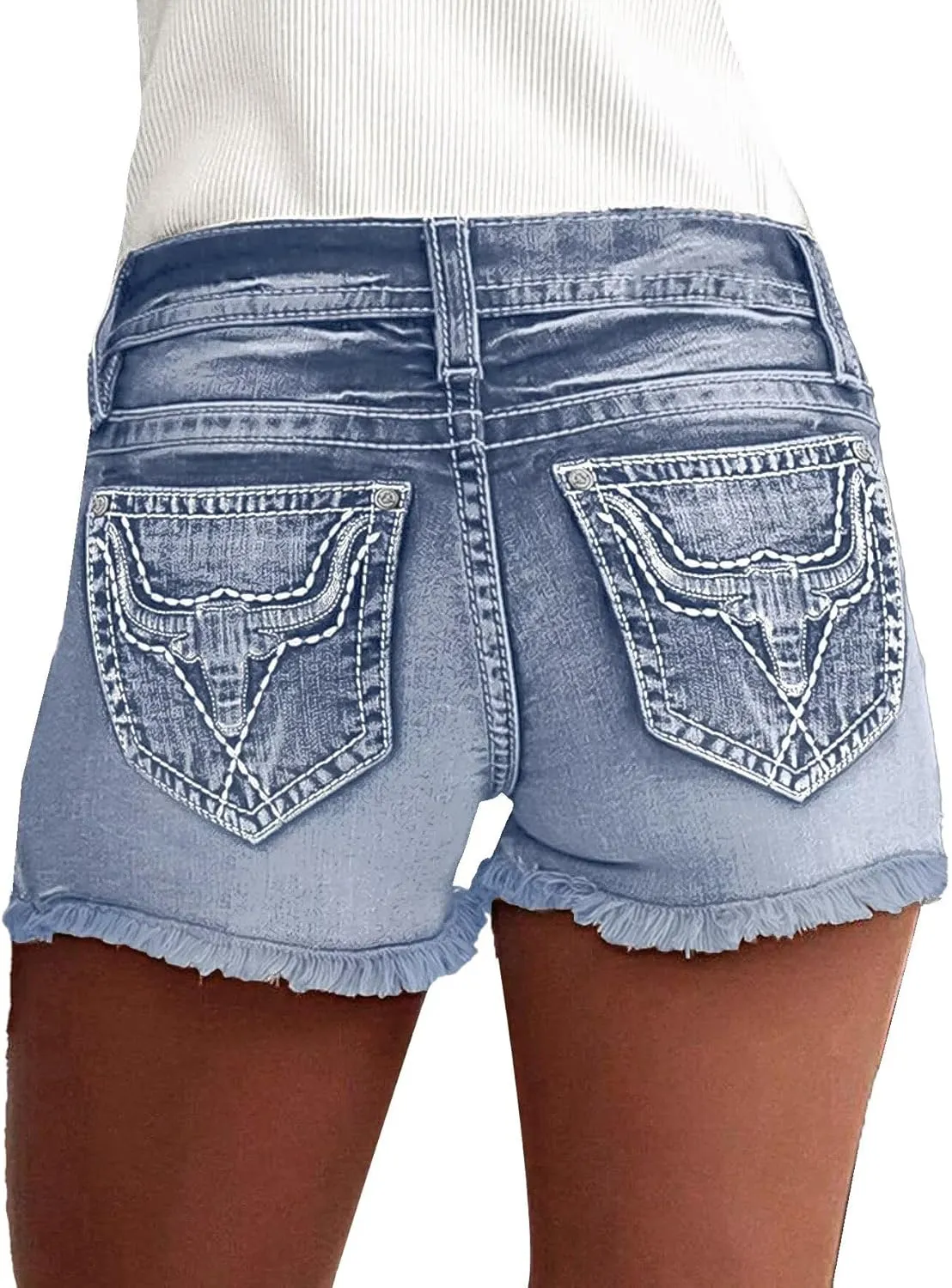 Flamingals Jean Shorts for Women Mid Waisted Stretchy Ripped Denim Shorts Raw Hem Curvy Summer Trendy