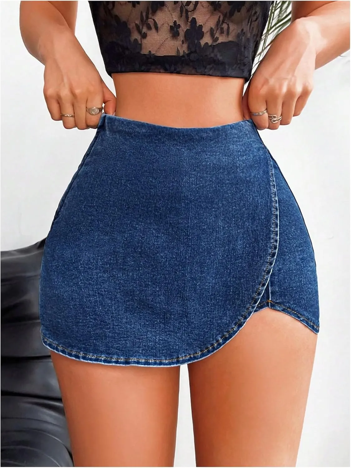 Floerns Women's High Waist Wrap Jean Mini Skorts Skinny Asymmetrical Denim Skirt Shorts