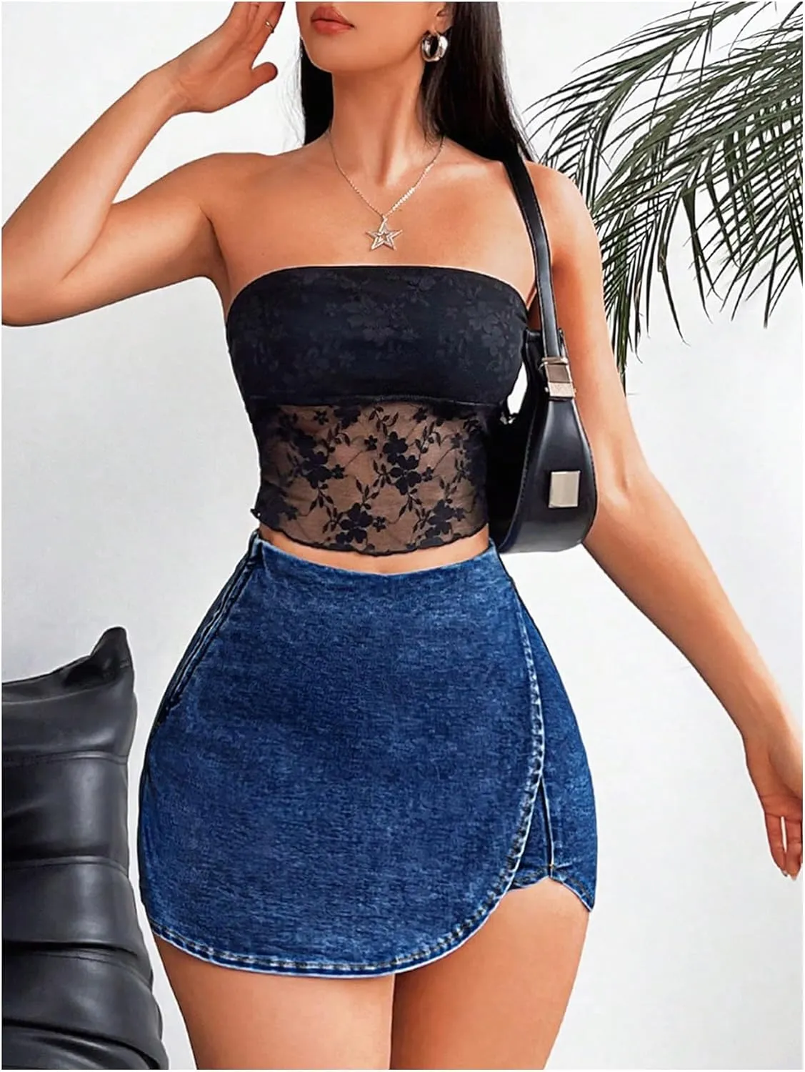 Floerns Women's High Waist Wrap Jean Mini Skorts Skinny Asymmetrical Denim Skirt Shorts