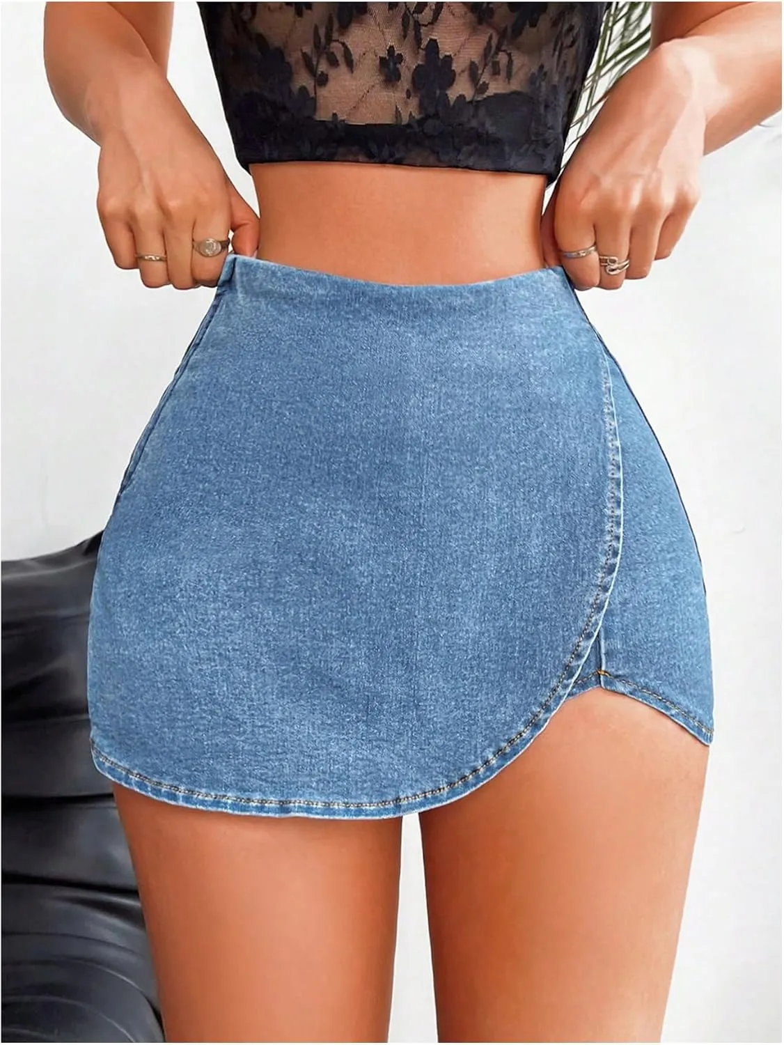 Floerns Women's High Waist Wrap Jean Mini Skorts Skinny Asymmetrical Denim Skirt Shorts