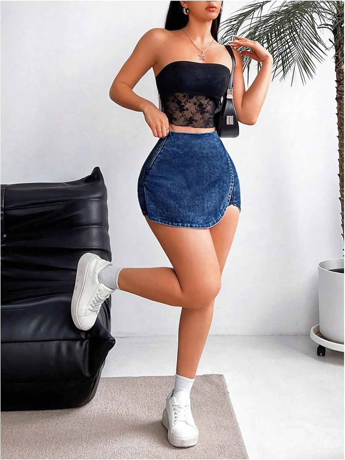 Floerns Women's High Waist Wrap Jean Mini Skorts Skinny Asymmetrical Denim Skirt Shorts