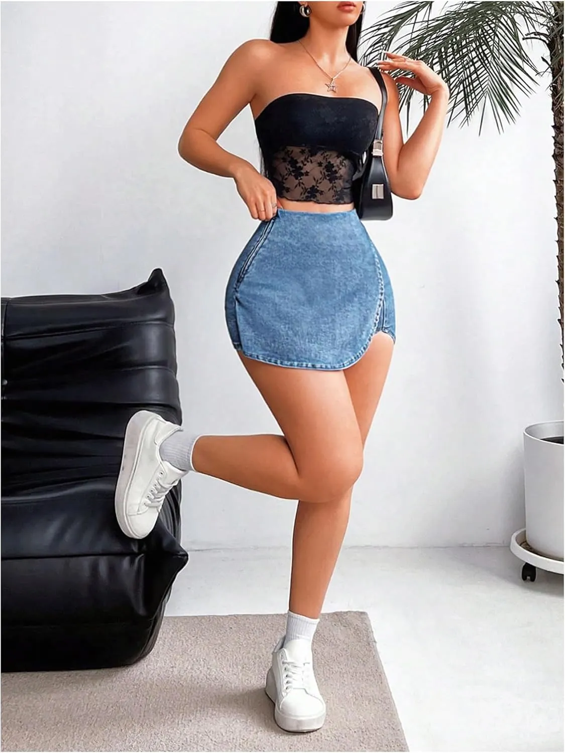 Floerns Women's High Waist Wrap Jean Mini Skorts Skinny Asymmetrical Denim Skirt Shorts