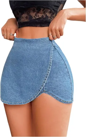 Floerns Women's High Waist Wrap Jean Mini Skorts Skinny Asymmetrical Denim Skirt Shorts