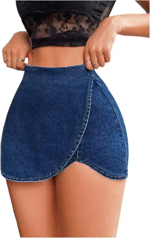 Floerns Women's High Waist Wrap Jean Mini Skorts Skinny Asymmetrical Denim Skirt Shorts