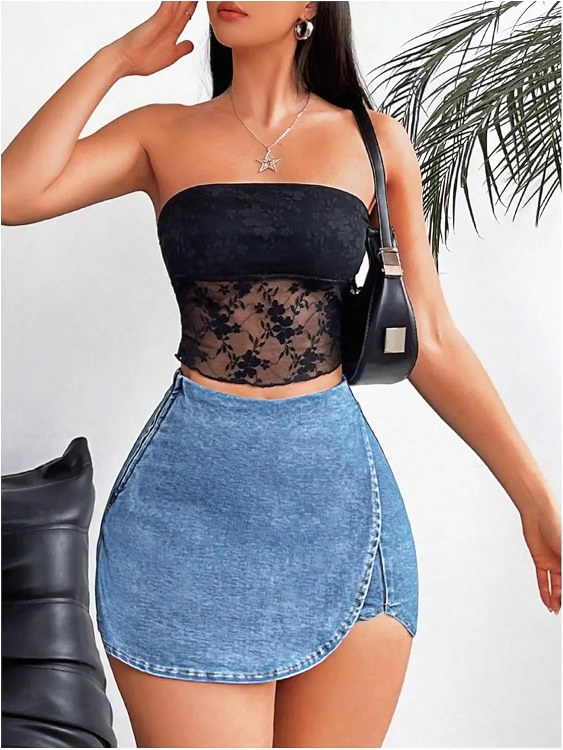 Floerns Women's High Waist Wrap Jean Mini Skorts Skinny Asymmetrical Denim Skirt Shorts