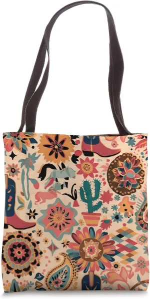 Floral Southwestern Design, Colorful Cowboy Boots Print Tote Bag