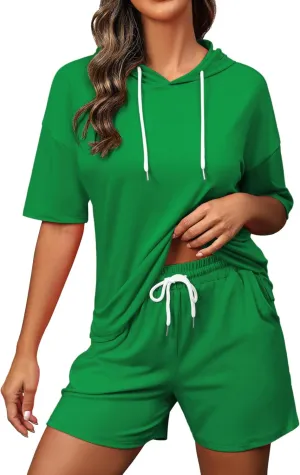 FUPHINE Women's Two Piece Outfits Shorts Sets Summer Sweatsuit Sets Short Sleeve Hoodie and Bottoms Loungewear with Pocket