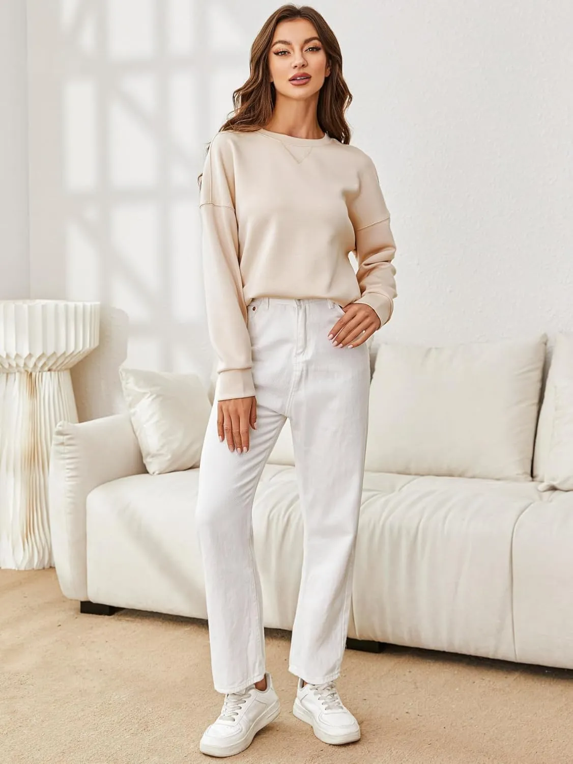 Glamaker Women's Crewneck Cropped Sweatshirt Pullover Stripe Air Essentials Basic Long Sleeve Shirts Casual Loose Fit Outfits