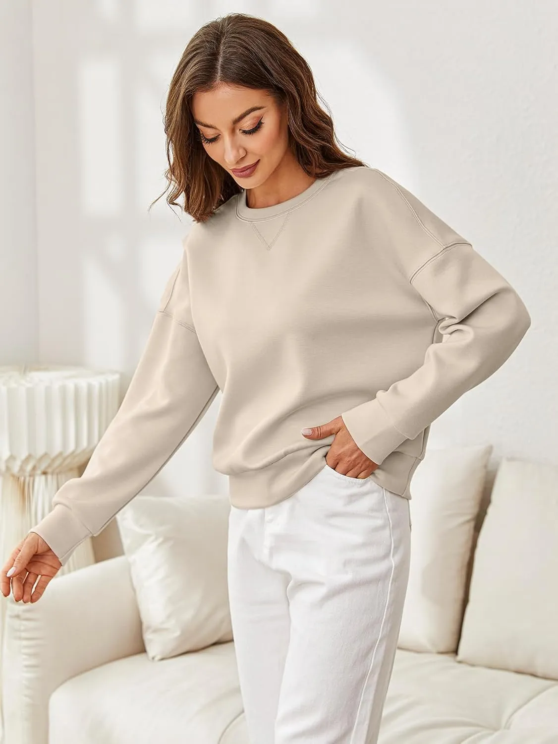 Glamaker Women's Crewneck Cropped Sweatshirt Pullover Stripe Air Essentials Basic Long Sleeve Shirts Casual Loose Fit Outfits