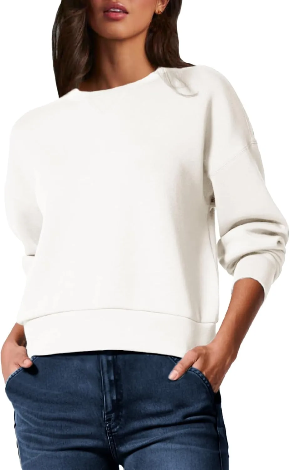 Glamaker Women's Crewneck Cropped Sweatshirt Pullover Stripe Air Essentials Basic Long Sleeve Shirts Casual Loose Fit Outfits