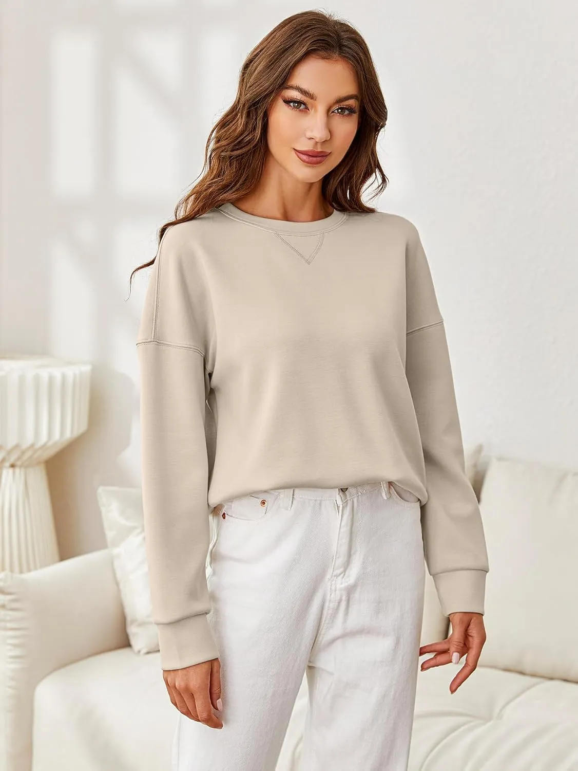 Glamaker Women's Crewneck Cropped Sweatshirt Pullover Stripe Air Essentials Basic Long Sleeve Shirts Casual Loose Fit Outfits