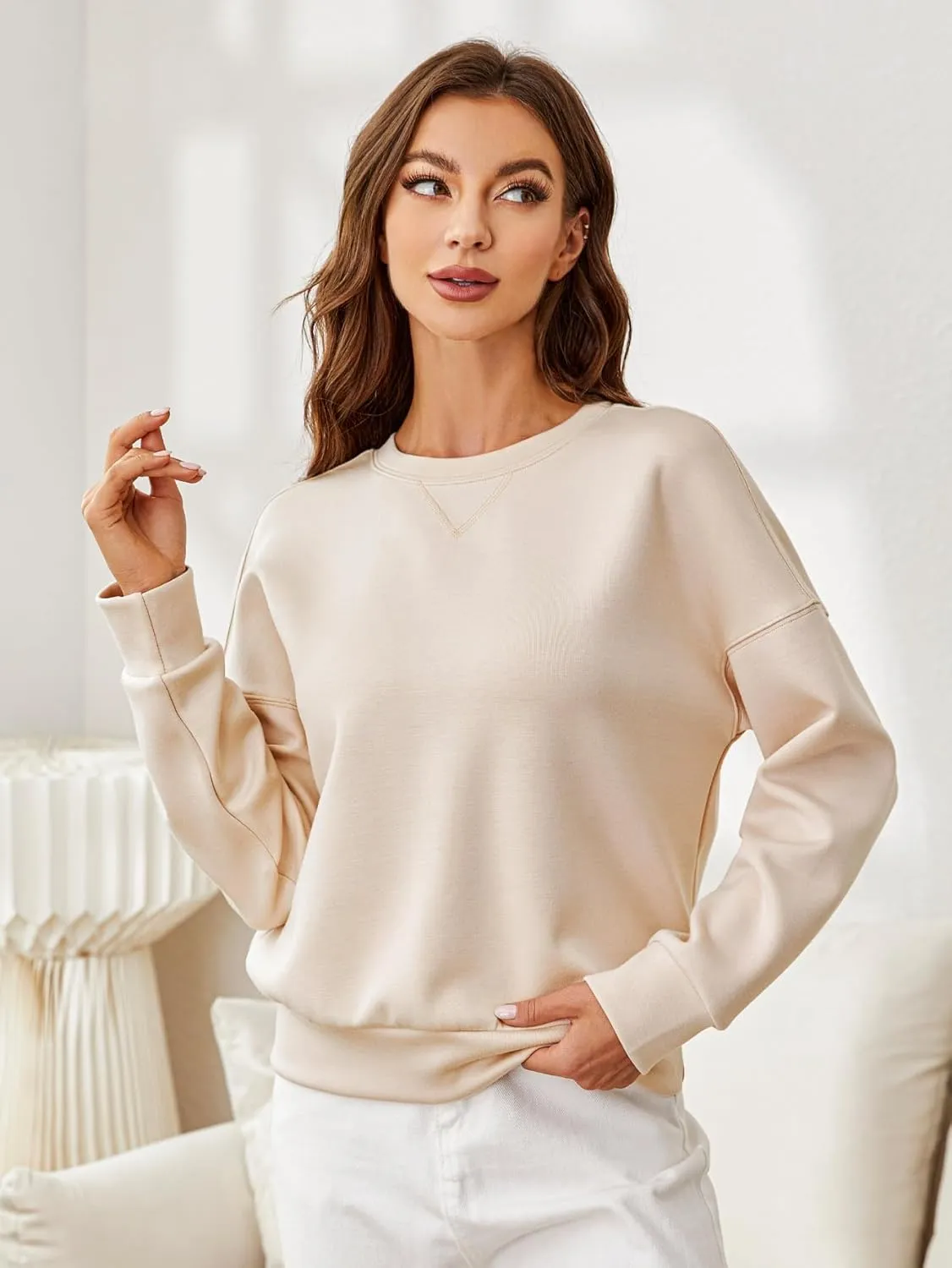 Glamaker Women's Crewneck Cropped Sweatshirt Pullover Stripe Air Essentials Basic Long Sleeve Shirts Casual Loose Fit Outfits