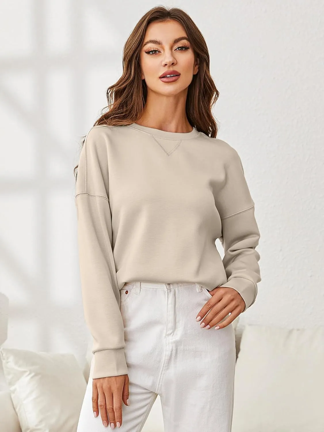 Glamaker Women's Crewneck Cropped Sweatshirt Pullover Stripe Air Essentials Basic Long Sleeve Shirts Casual Loose Fit Outfits