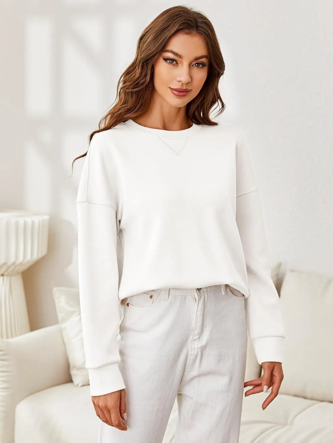Glamaker Women's Crewneck Cropped Sweatshirt Pullover Stripe Air Essentials Basic Long Sleeve Shirts Casual Loose Fit Outfits