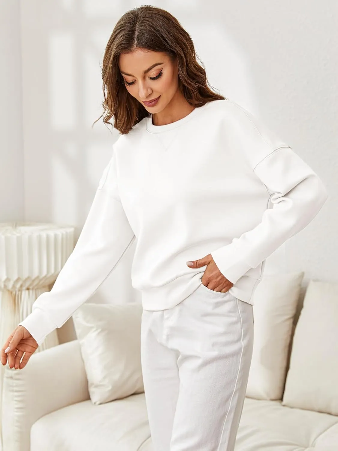 Glamaker Women's Crewneck Cropped Sweatshirt Pullover Stripe Air Essentials Basic Long Sleeve Shirts Casual Loose Fit Outfits