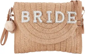 GORGECFAFT Bride Straw Shoulder Bag Woven Clutch Bag Summer Beach Crossbody Handbags with Two Balls Woven Rhinestone Wedding Vacation Purse Honeymoon Bridal Shower Gift for Bride Party Honeymoon
