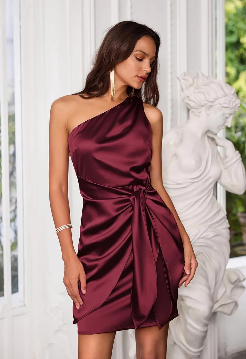 GRACE KARIN 2025 Women Satin Dress Cocktail One Shoulder Sleeveless Tie Waist Party Mini Dresses