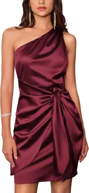 GRACE KARIN 2025 Women Satin Dress Cocktail One Shoulder Sleeveless Tie Waist Party Mini Dresses