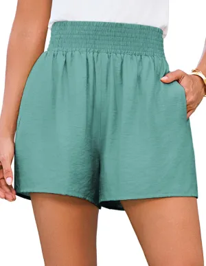 GRACE KARIN Women Summer Shorts Casual Boho Beach Comfy Smocked Elastic High Waist Pull On Flowy Short with Pockets