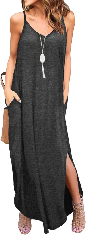 GRECERELLE Women's Summer Casual Loose Dress Beach Cover Up Long Cami Maxi Dresses with Pocket