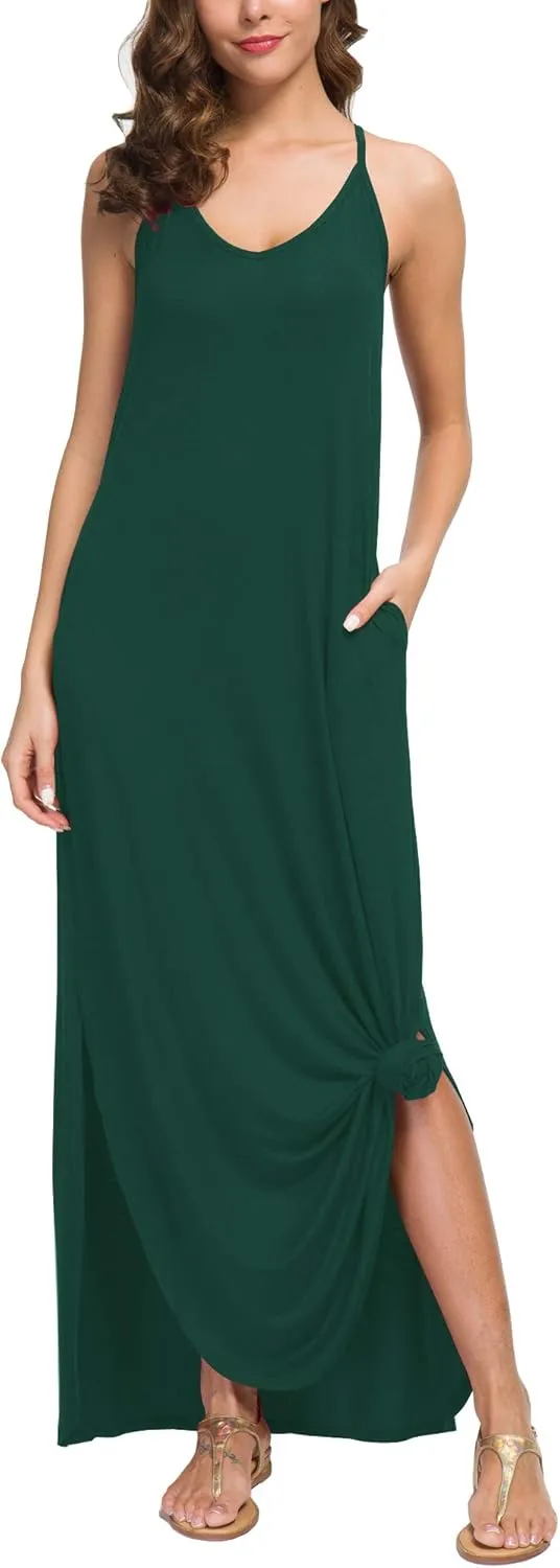 GRECERELLE Women's Summer Casual Loose Dress Beach Cover Up Long Cami Maxi Dresses with Pocket